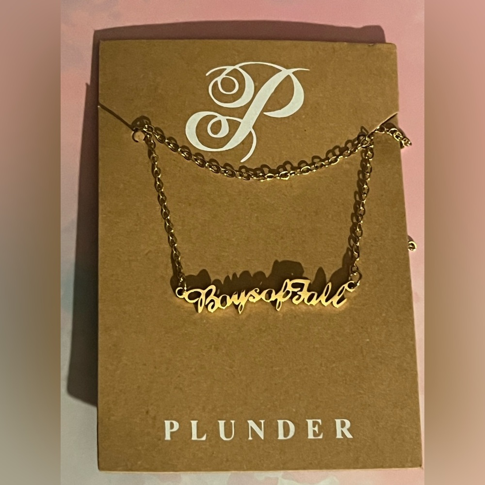 Plunder Gold 'Boys of Fall' Script Nameplate Necklace